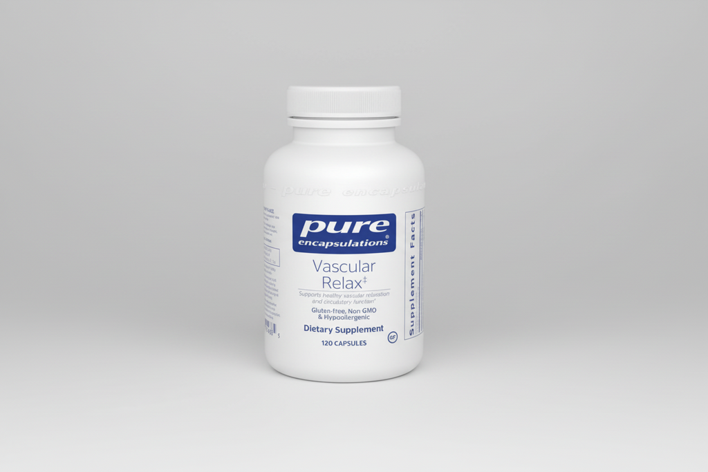 White supplement bottle labeled 'pure encapsulations Vascular Relax' on a white background