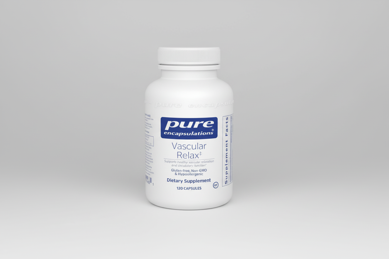 White supplement bottle labeled 'pure encapsulations Vascular Relax' on a white background