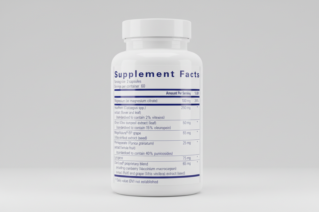 Supplement facts label with various ingredients and their amounts per serving