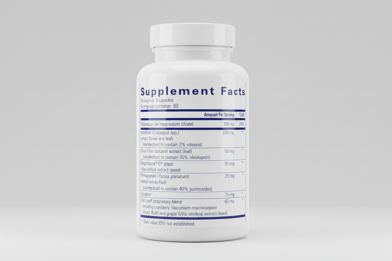Supplement facts label with various ingredients and their amounts per serving