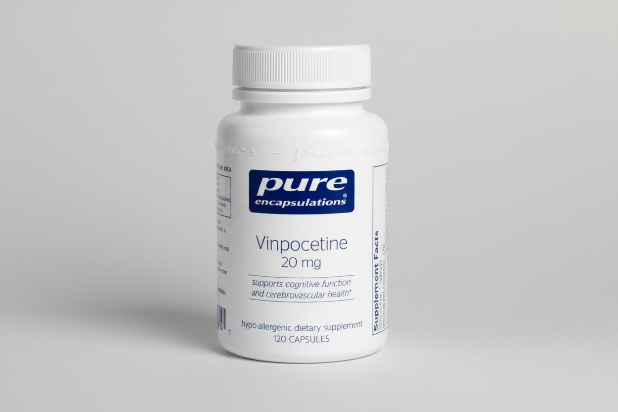 White supplement bottle labeled 'pure encapsulations Vinpocetine 20 mg' on a white background