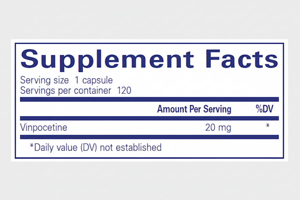 Supplement facts label with vinpocetine information on a blue background
