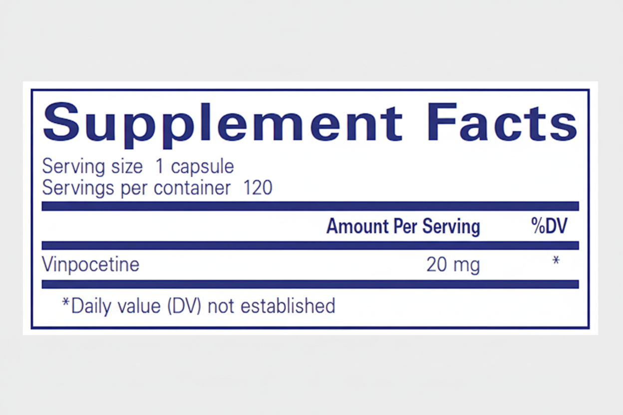 Supplement facts label with vinpocetine information on a blue background
