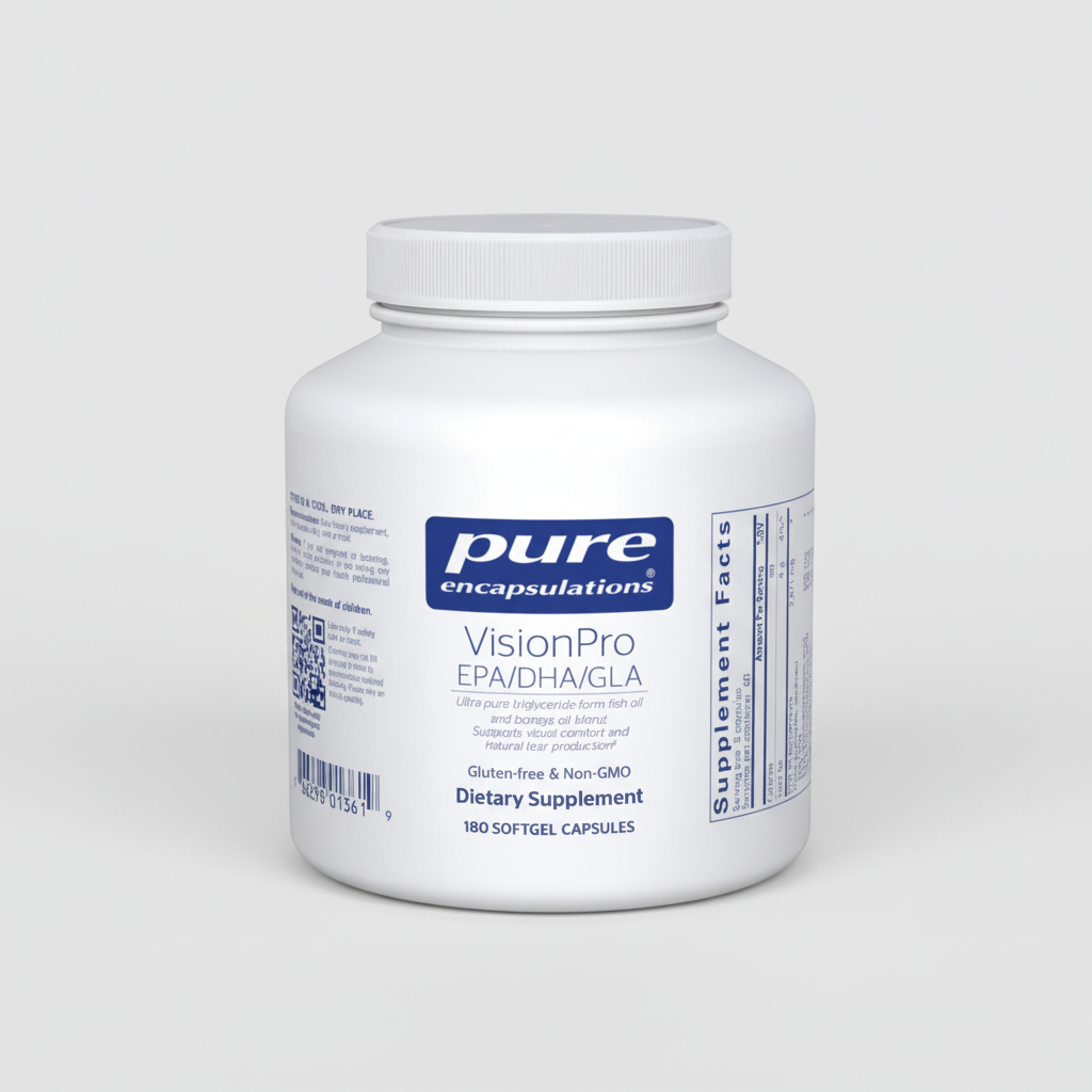 White supplement container labeled 'VisionPro' by pure encapsulations on a white background