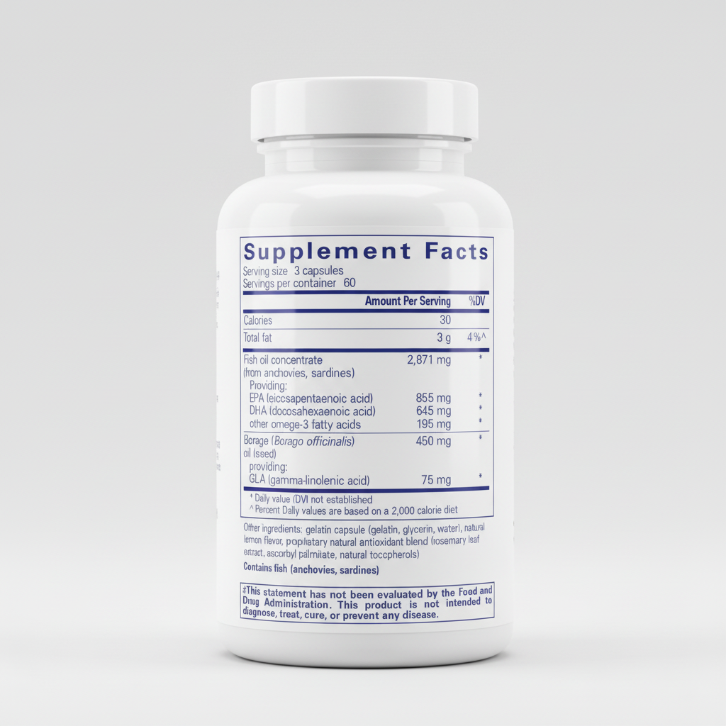 Supplement facts label for a product with fish oil concentrate and Borago officinalis oil.