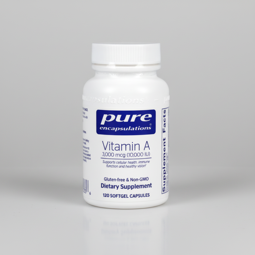 Vitamin A supplement bottle with 'pure encapsulations' label on a white background
