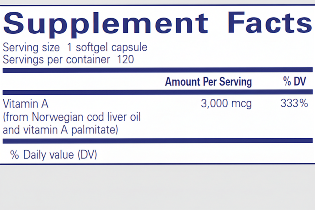 Supplement facts label for a vitamin A supplement with serving size and daily value information.