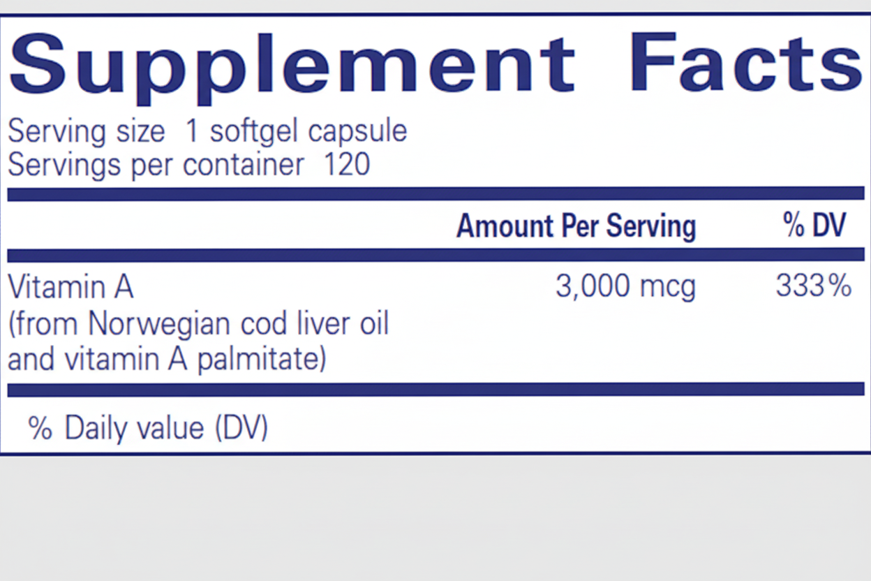 Supplement facts label for a vitamin A supplement with serving size and daily value information.