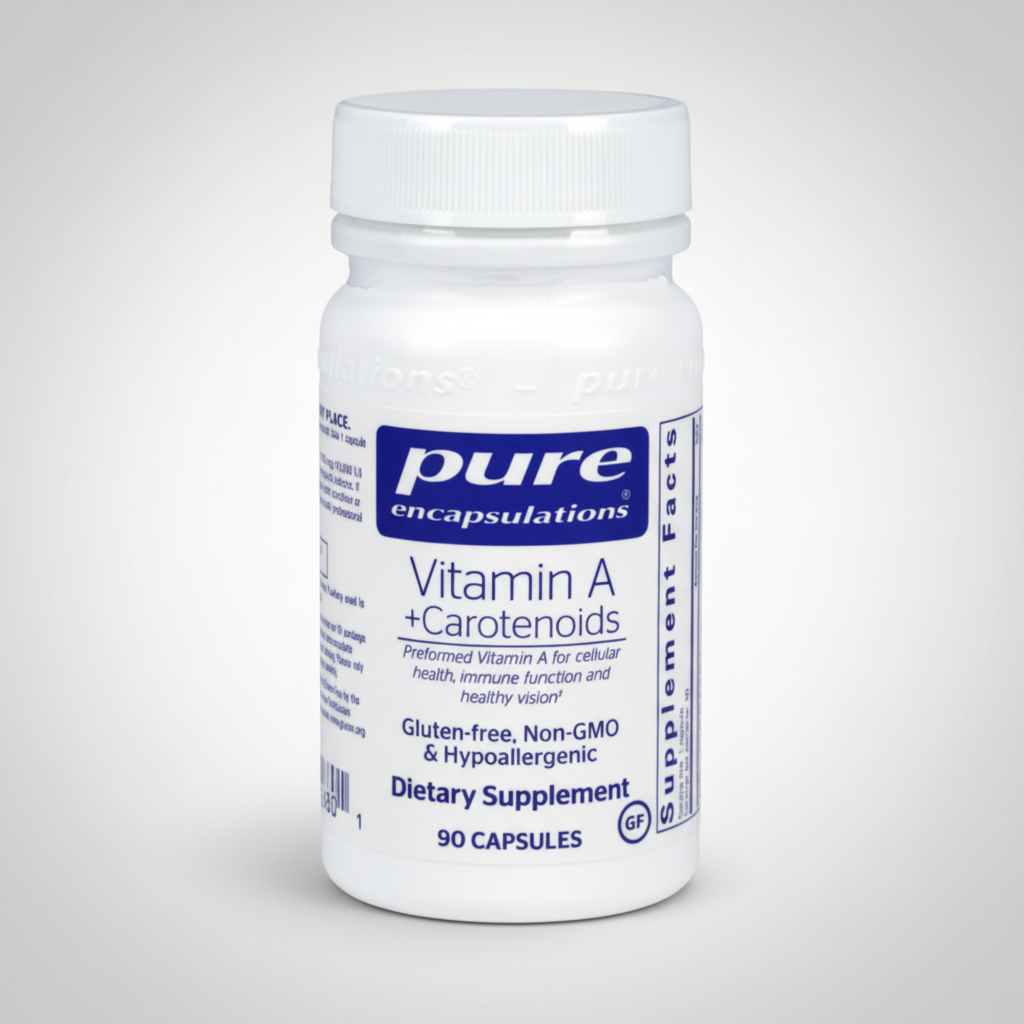 Supplement bottle labeled 'pure encapsulations Vitamin A + Carotenoids' on a white background