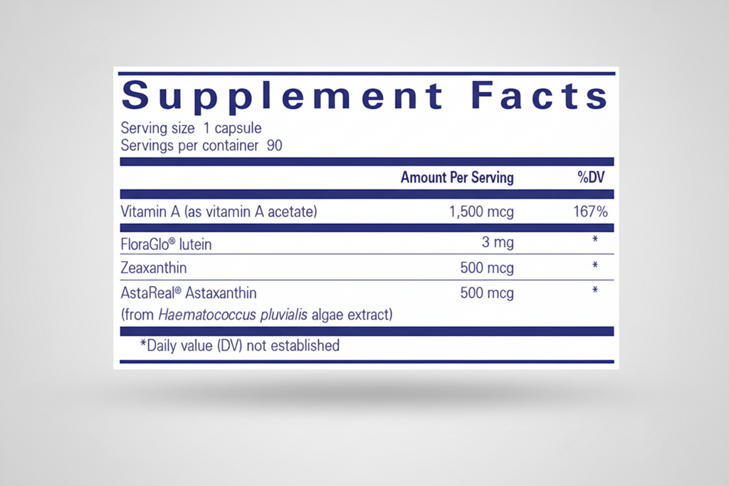 Supplement facts label with various vitamins and their amounts per serving