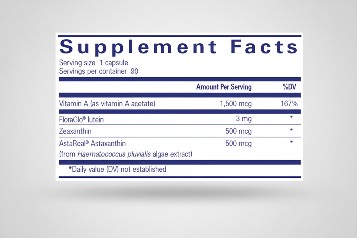 Supplement facts label with various vitamins and their amounts per serving