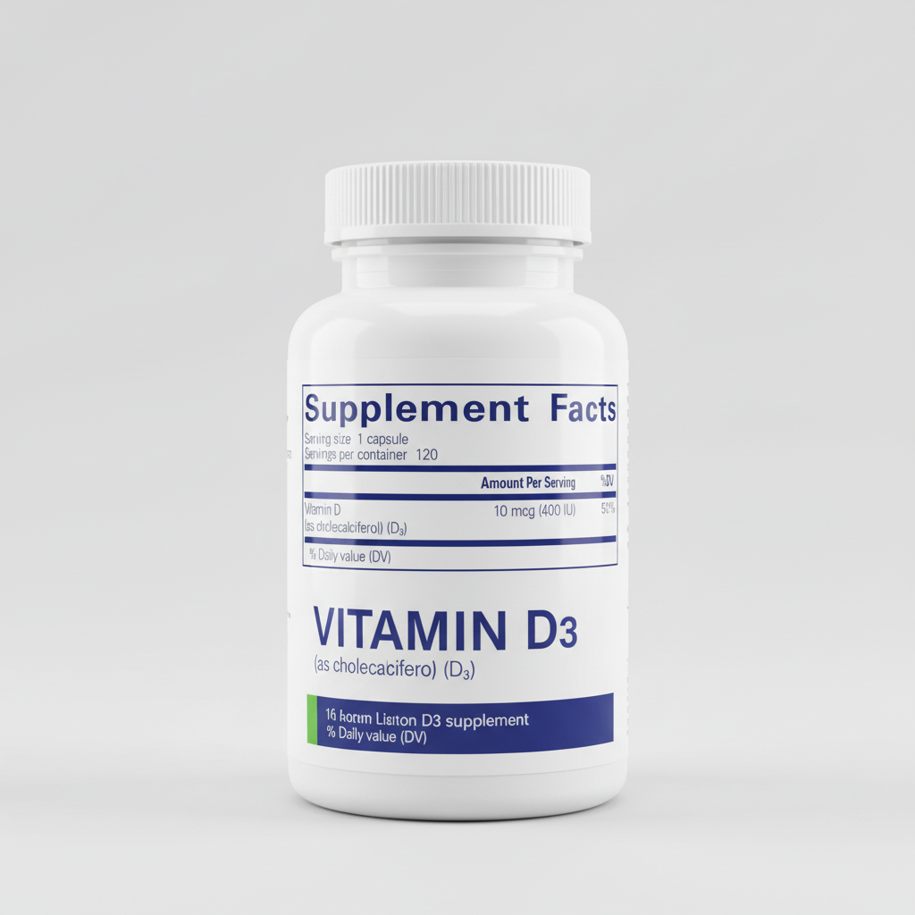 Supplement facts label for a vitamin D supplement with serving size, servings per container, and vitamin D content.