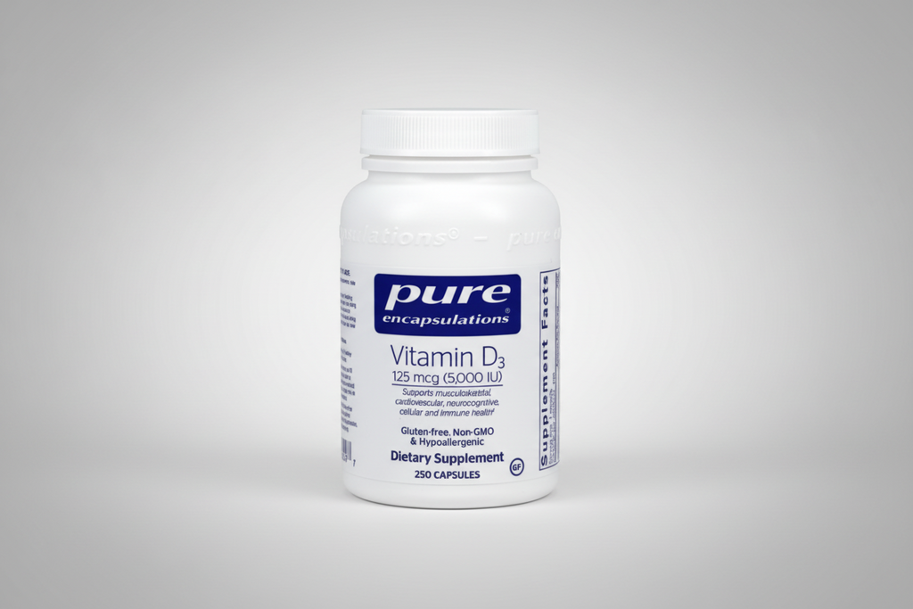 White supplement bottle labeled 'pure encapsulations Vitamin D3' on a white background