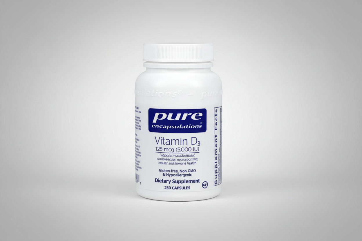 White supplement bottle labeled 'pure encapsulations Vitamin D3' on a white background