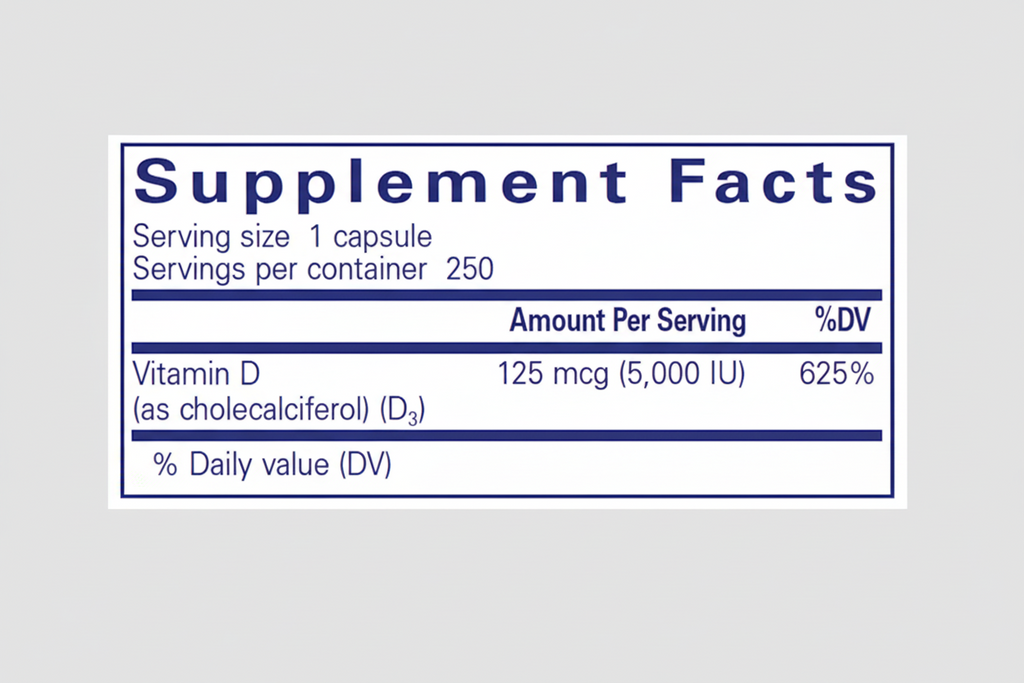 Supplement facts label for a vitamin D supplement with serving size, servings per container, and vitamin D content.