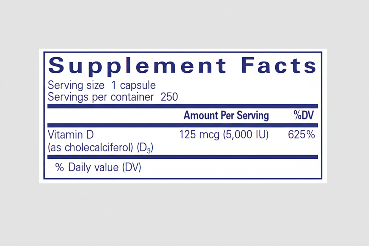 Supplement facts label for a vitamin D supplement with serving size, servings per container, and vitamin D content.