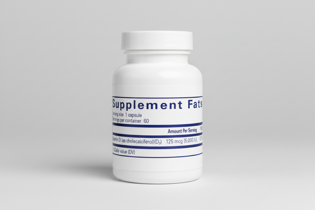 Supplement facts label with vitamin D content on a blue background