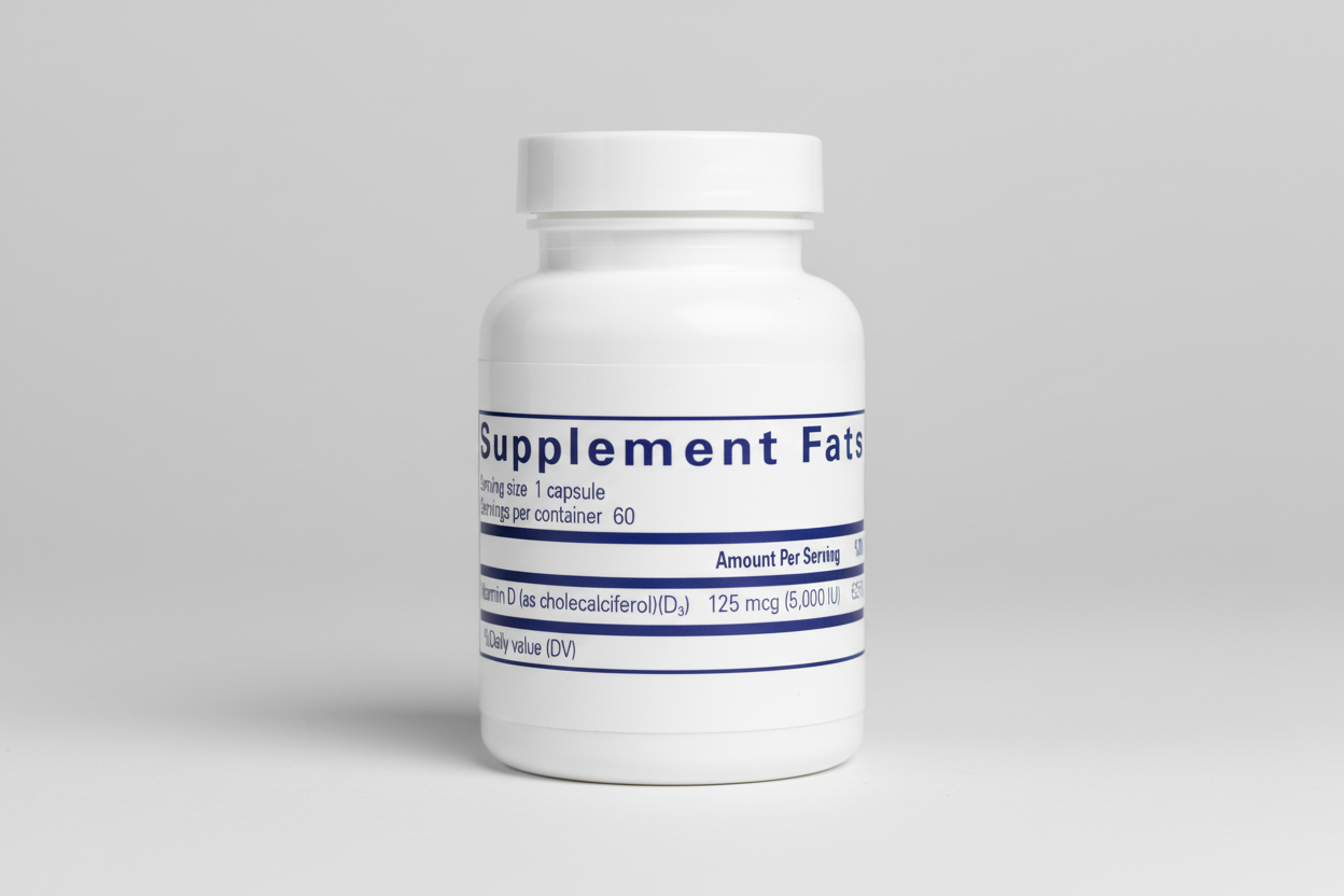 Supplement facts label with vitamin D content on a blue background