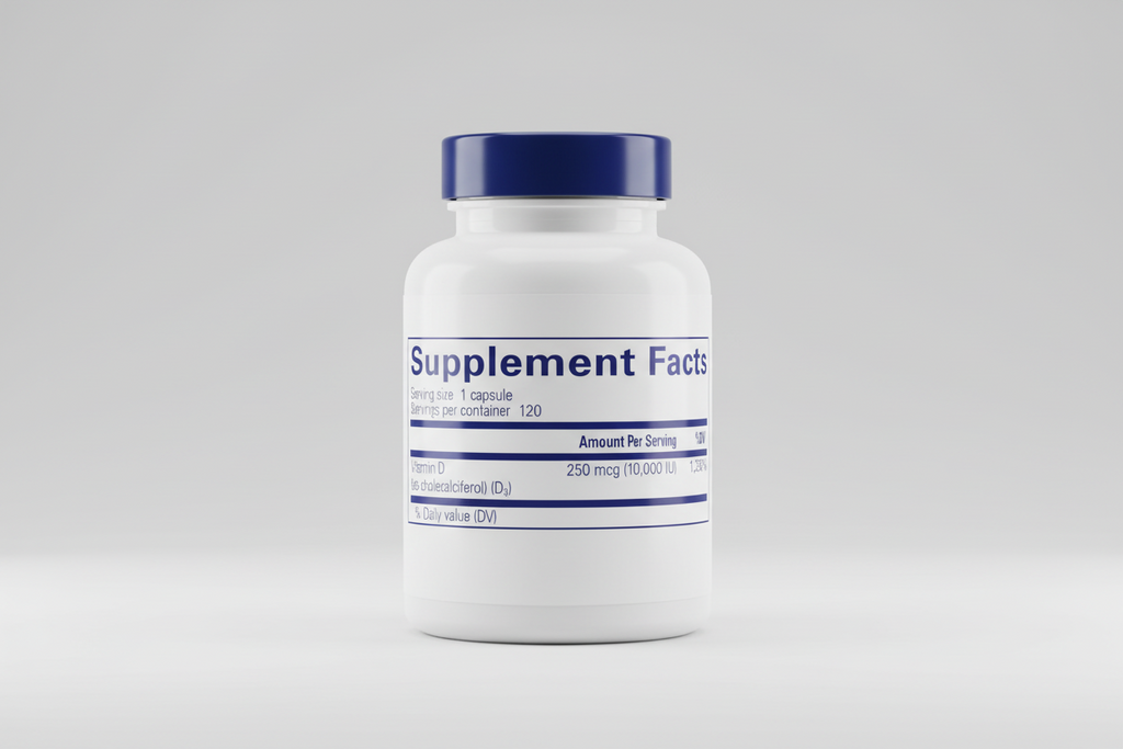 Supplement facts label for a vitamin D supplement with serving size, servings per container, and vitamin D content.