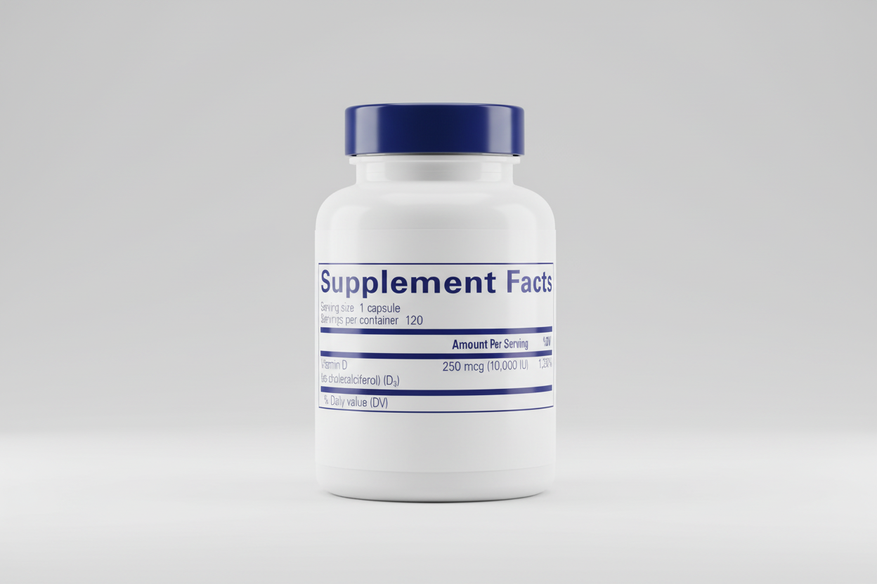 Supplement facts label for a vitamin D supplement with serving size, servings per container, and vitamin D content.