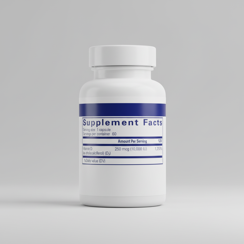 Supplement facts label for a vitamin D supplement with serving size, servings per container, and vitamin D content.