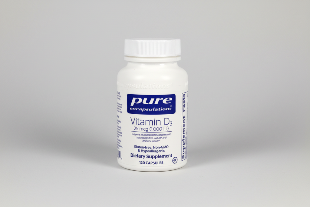 White supplement bottle labeled 'pure encapsulations Vitamin D3' on a white background