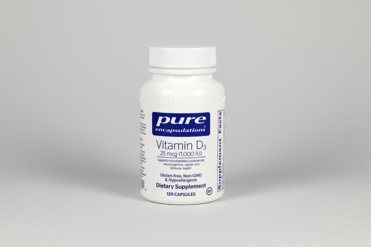 White supplement bottle labeled 'pure encapsulations Vitamin D3' on a white background