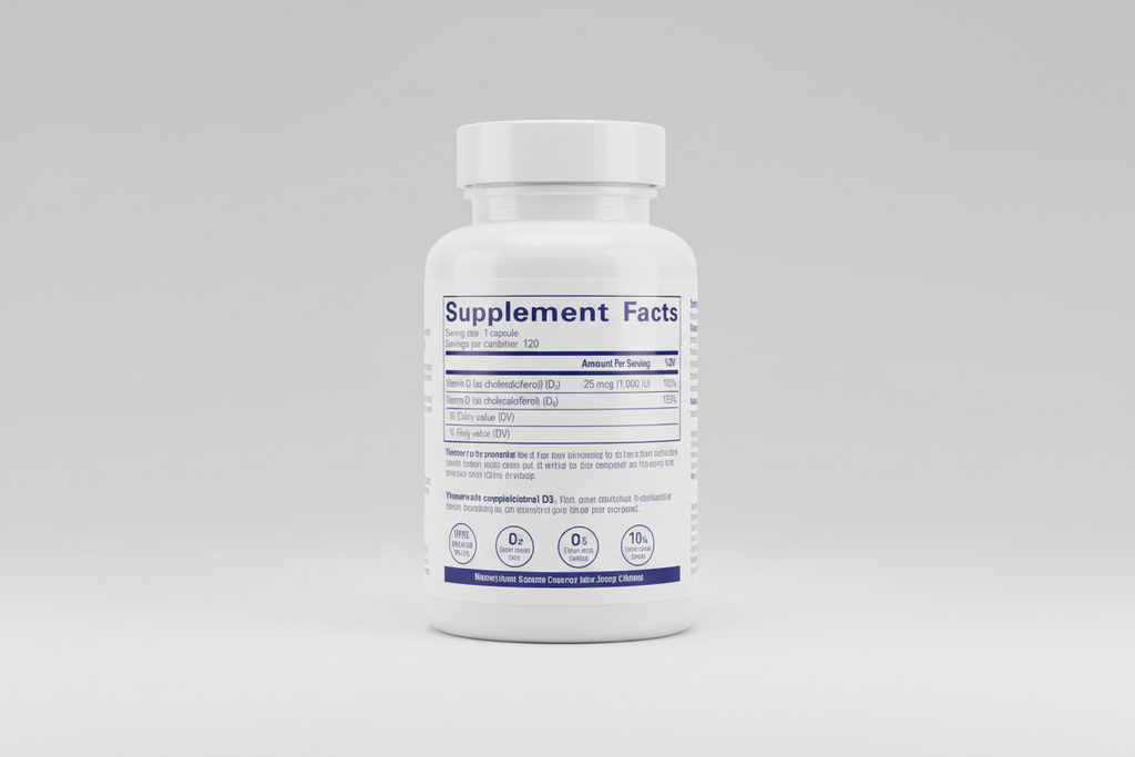 Supplement facts label with vitamin D information on a blue background