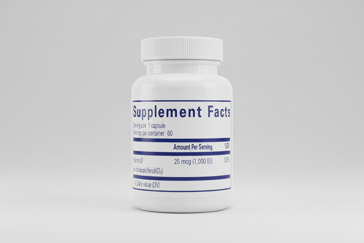 Supplement facts label for a vitamin D supplement with serving size and container details.