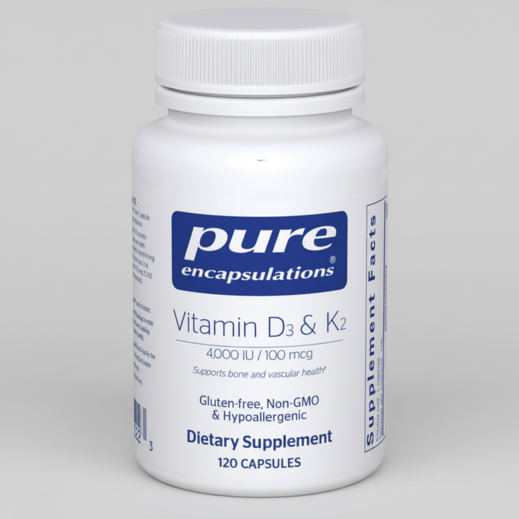 Supplement bottle labeled 'pure encapsulations Vitamin D3 & K2' on a white background