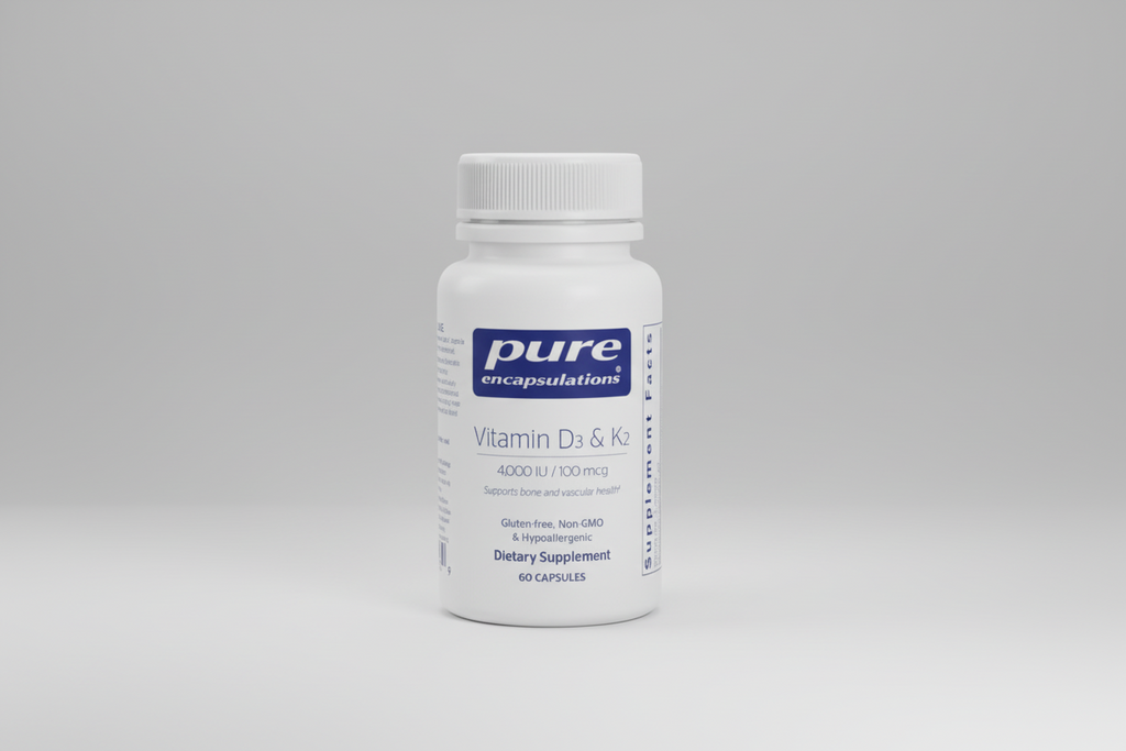 Supplement bottle labeled 'pure encapsulations Vitamin D3 & K2' on a white background