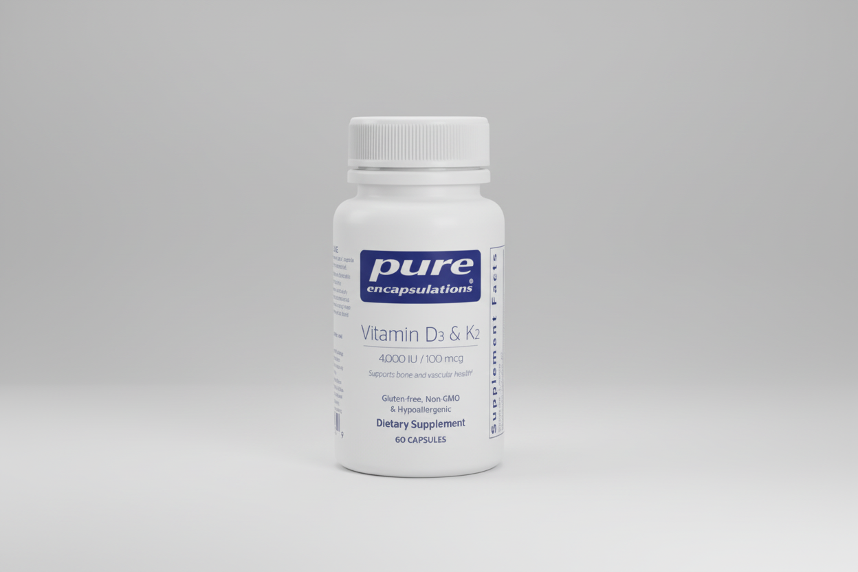 Supplement bottle labeled 'pure encapsulations Vitamin D3 & K2' on a white background