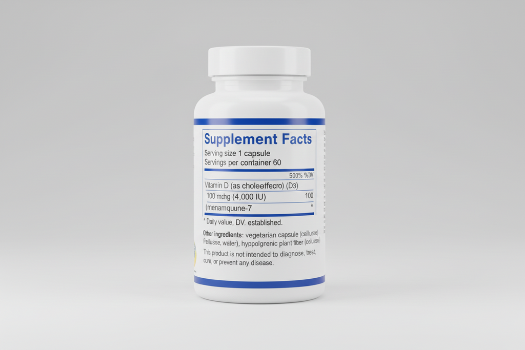 Supplement facts label for a product containing Vitamin D and Vitamin K2 on a white background.