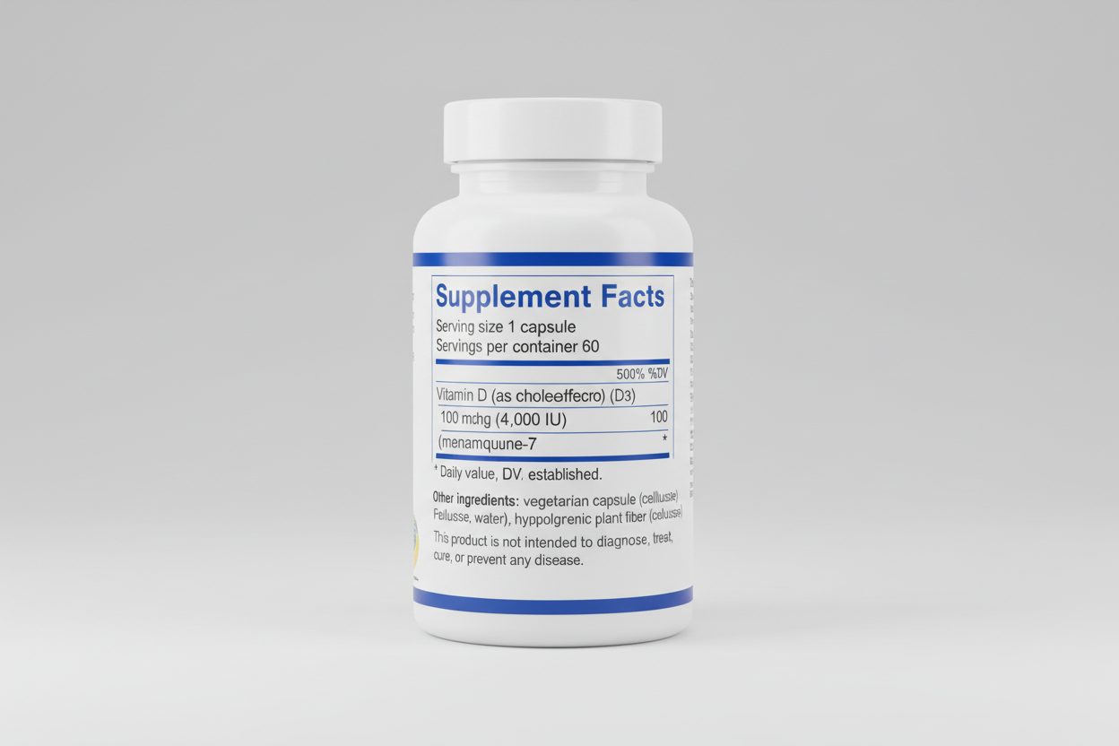 Supplement facts label for a product containing Vitamin D and Vitamin K2 on a white background.