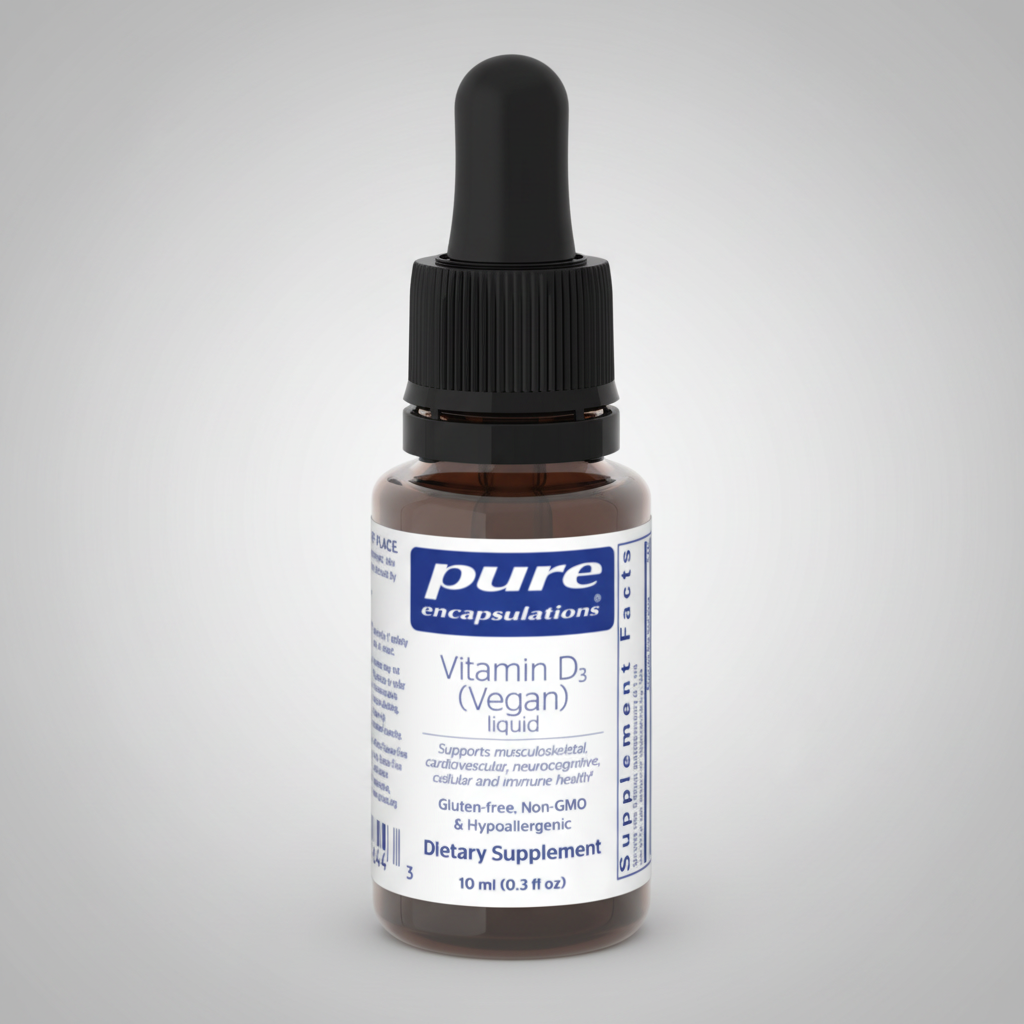 Vitamin D3 supplement bottle with dropper on a white background