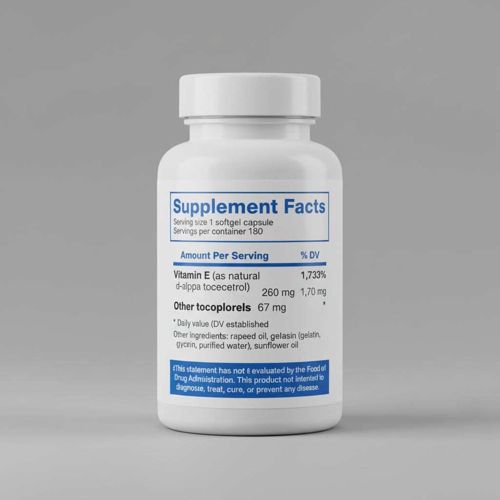 Supplement facts label with vitamin E content on a white background