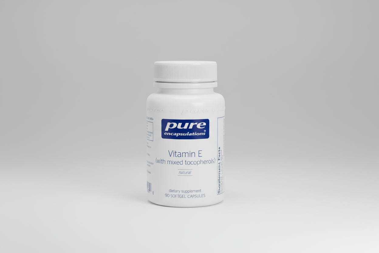 White supplement bottle labeled 'pure encapsulations Vitamin E' on a white background