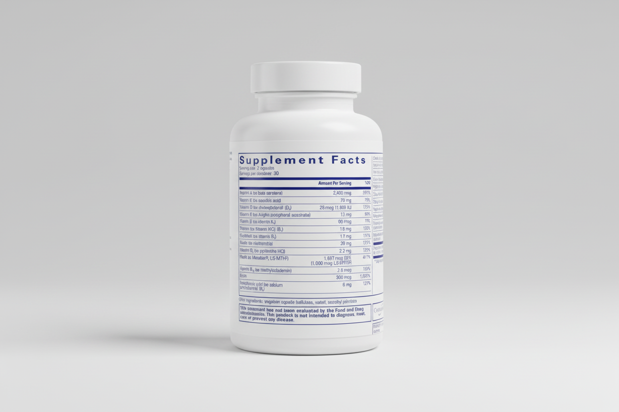 Supplement facts label with detailed nutritional information on a white background