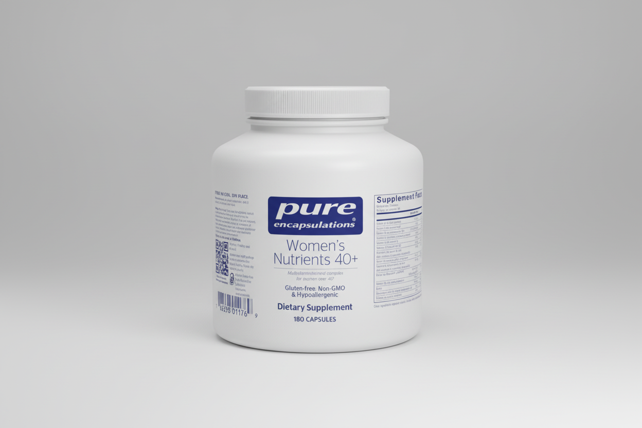 White supplement container labeled 'pure encapsulations Women's Nutrients 40+' on a white background
