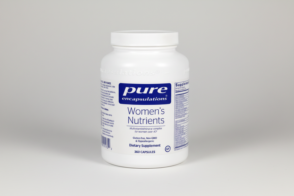 White supplement container labeled 'pure encapsulations Women's Nutrients' on a white background