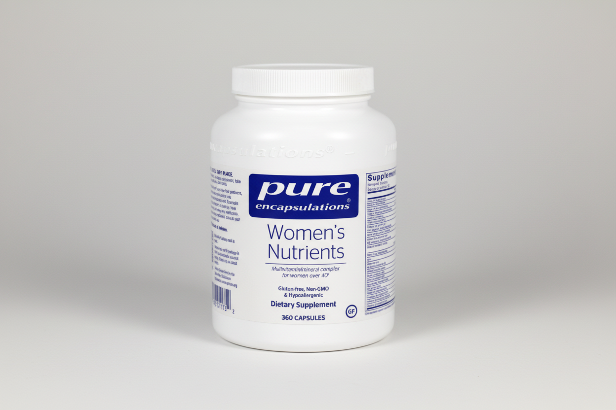 White supplement container labeled 'pure encapsulations Women's Nutrients' on a white background