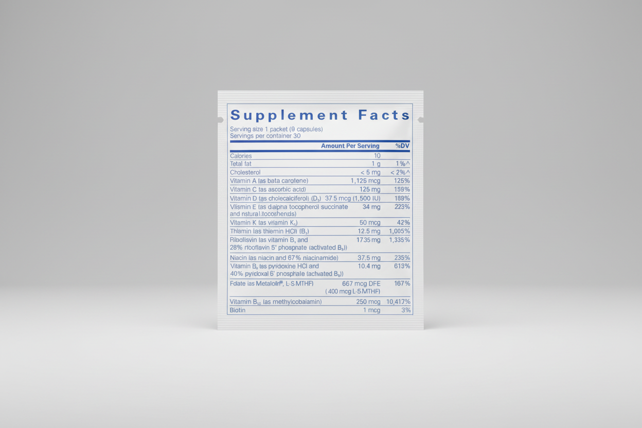 Supplement facts label with detailed nutritional information on a white background
