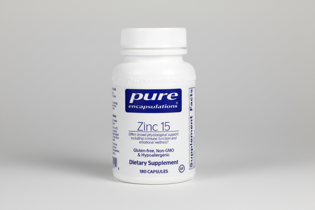 Supplement bottle labeled 'pure encapsulations Zinc 15' on a white background