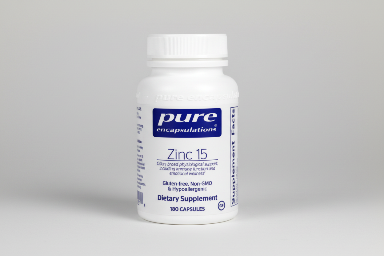 Supplement bottle labeled 'pure encapsulations Zinc 15' on a white background