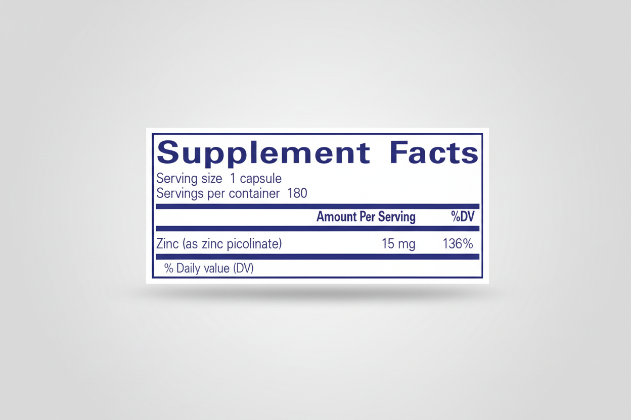 Supplement facts label with zinc content on a blue background