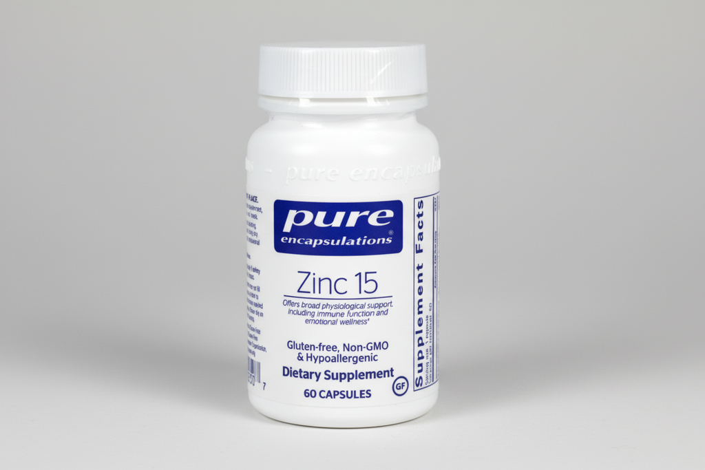 White supplement bottle labeled 'pure encapsulations Zinc 15' on a white background