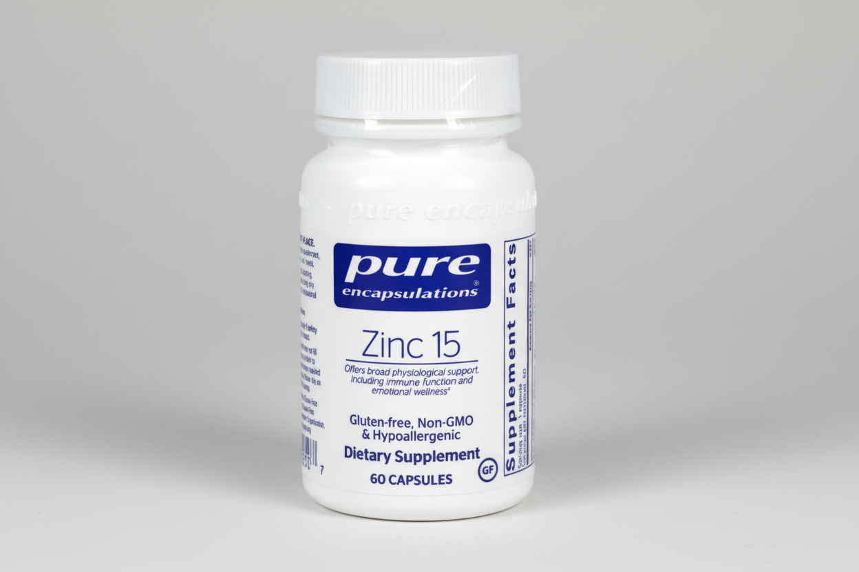 White supplement bottle labeled 'pure encapsulations Zinc 15' on a white background