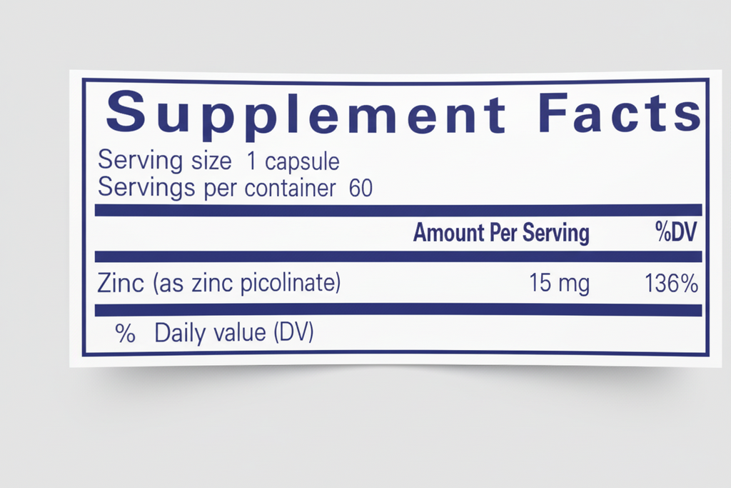 Supplement facts label with zinc content on a blue background