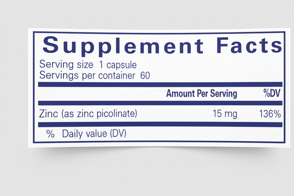 Supplement facts label with zinc content on a blue background