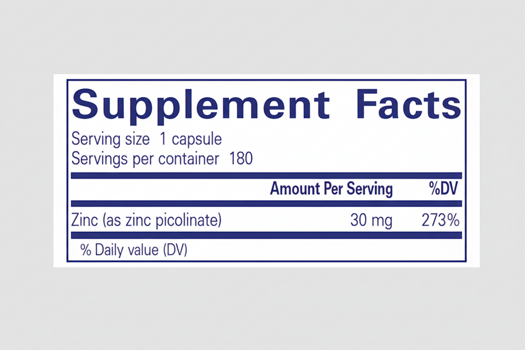 Supplement facts label with zinc content on a blue background